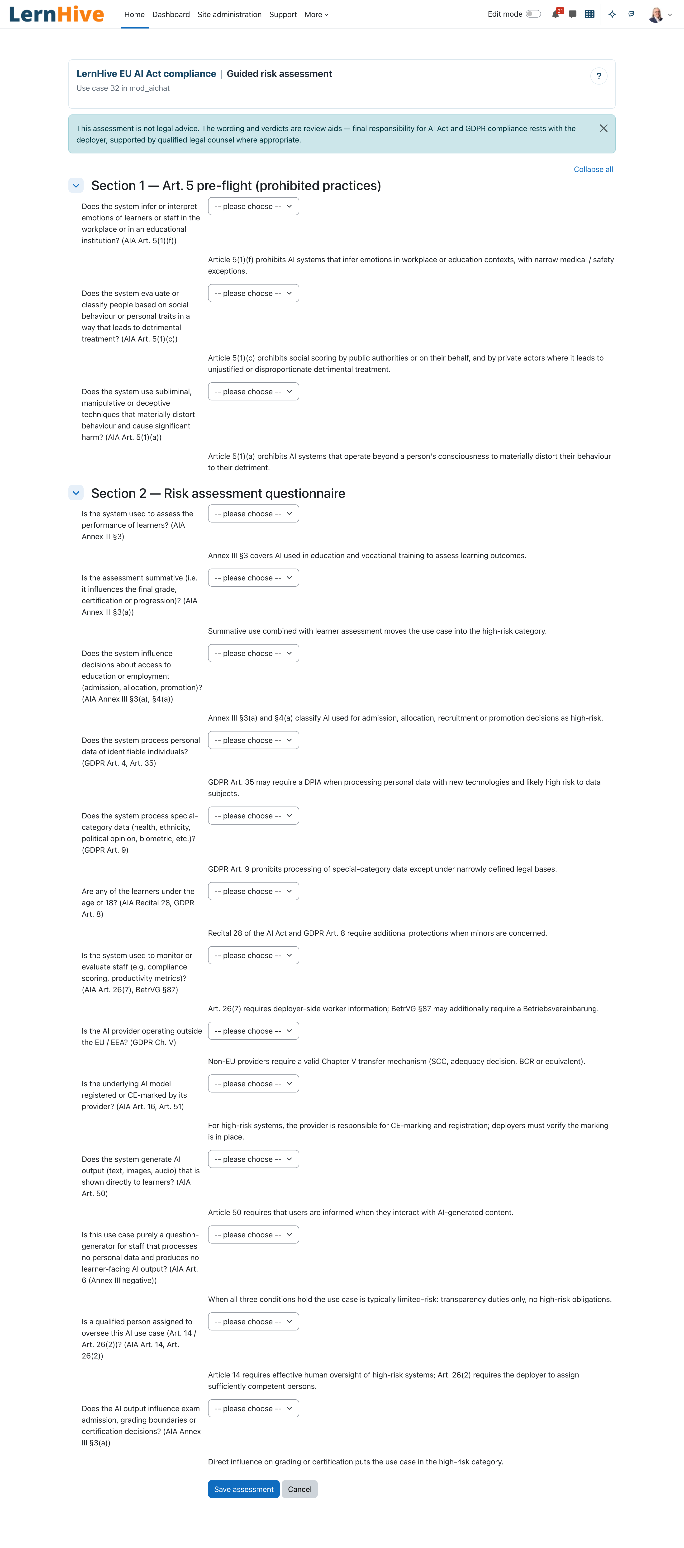 Guided risk assessment with the Article-5 pre-flight and the risk assessment questionnaire