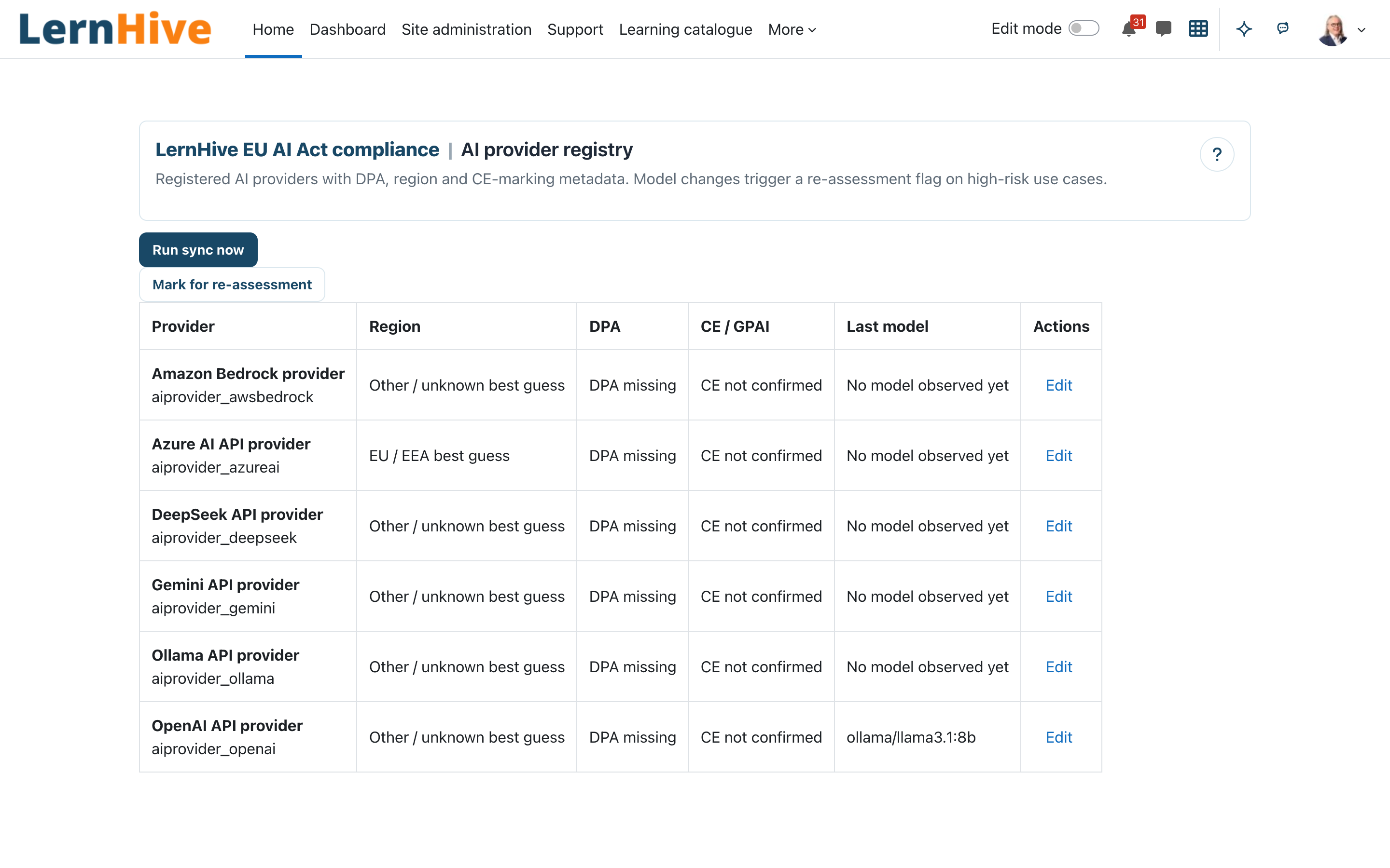 AI provider registry with region, DPA, CE/GPAI and last model per provider and the Run sync now action