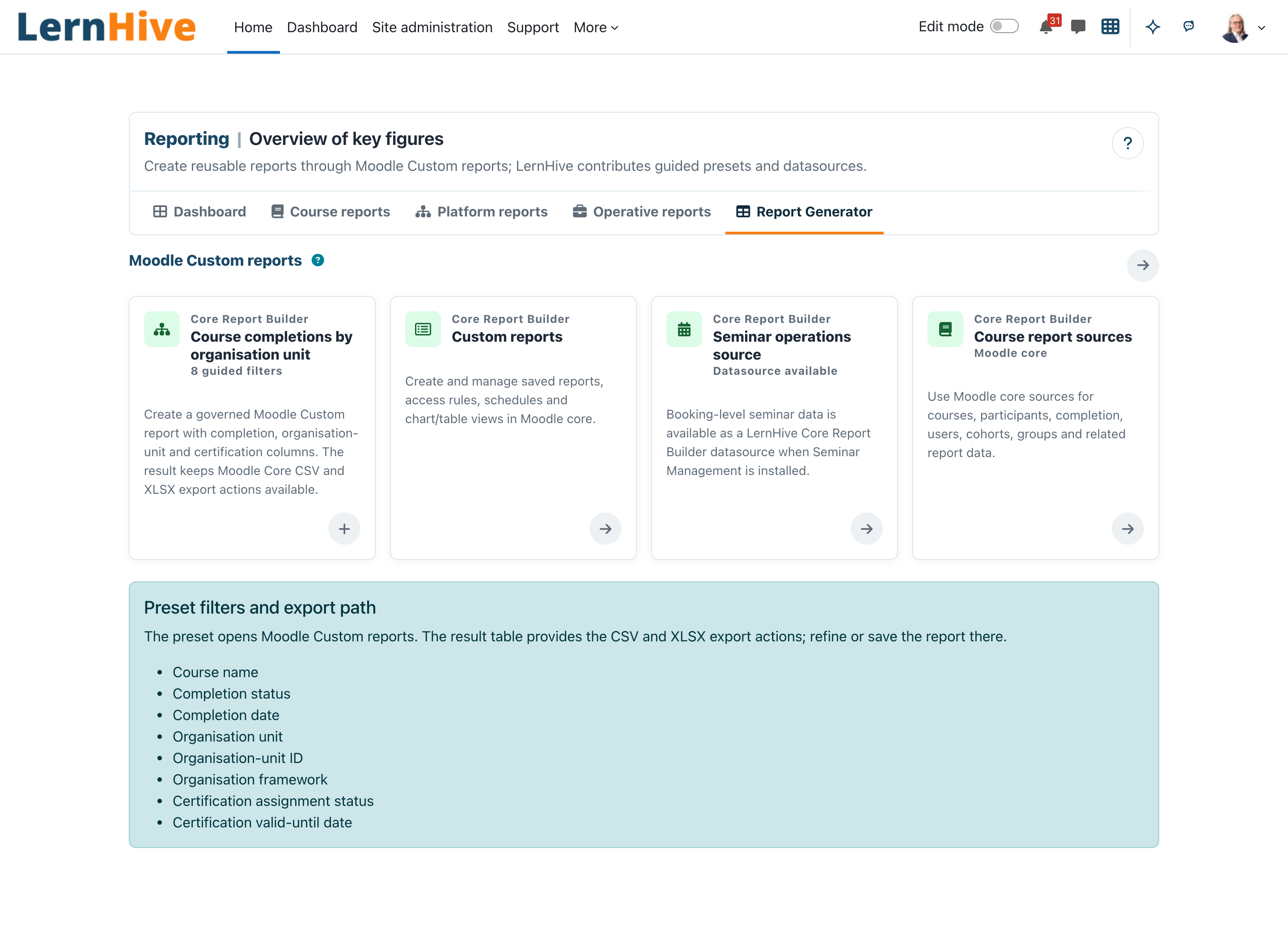 Berichtsgenerator mit Vorlagen- und Übergabekarten für die nutzerdefinierten Berichte von Moodle und den acht geführten Filtern der Organisationseinheits-Vorlage