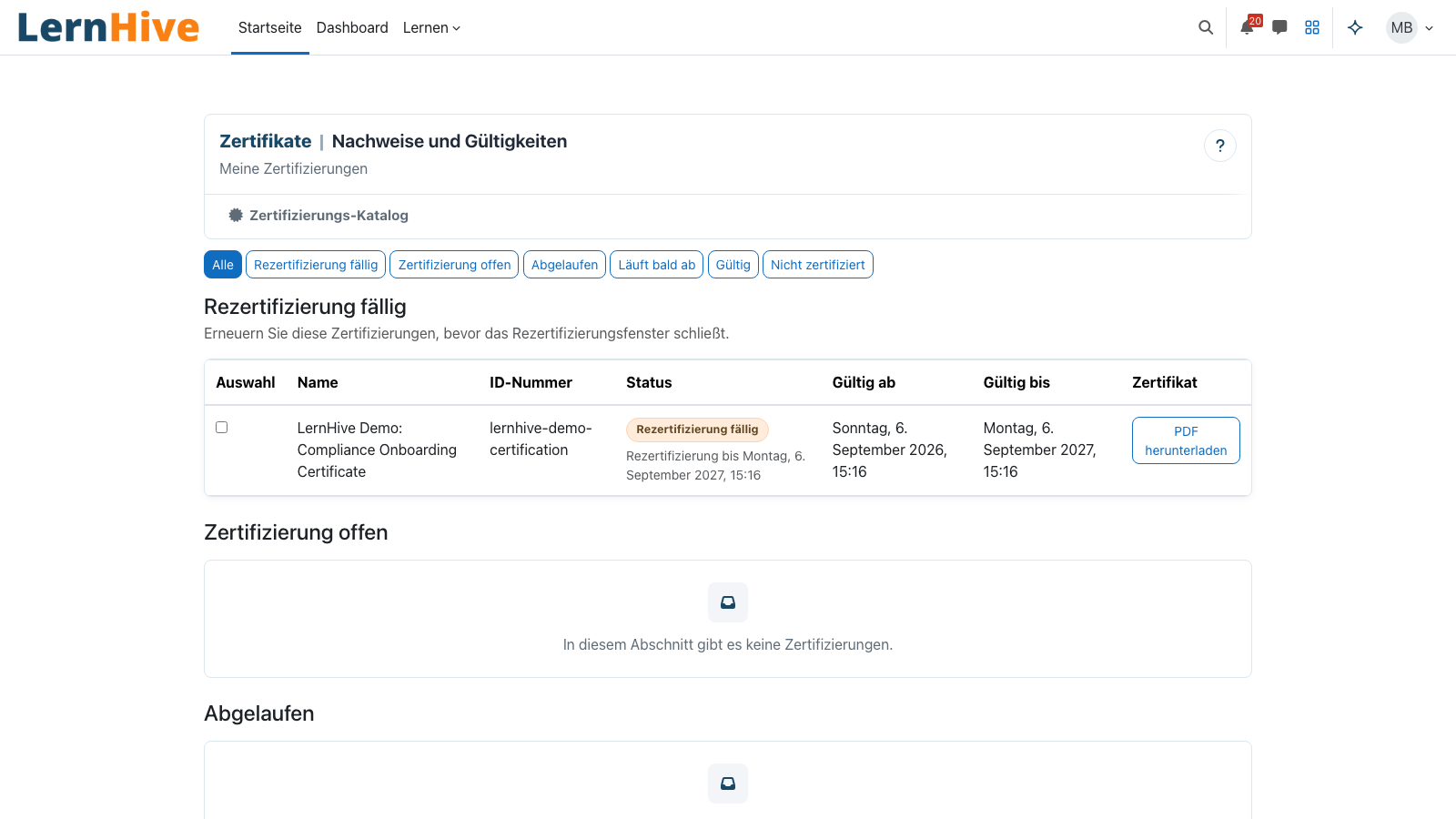 Meine Zertifizierungen: Status, Gültigkeit und PDF-Download je Zertifikat.