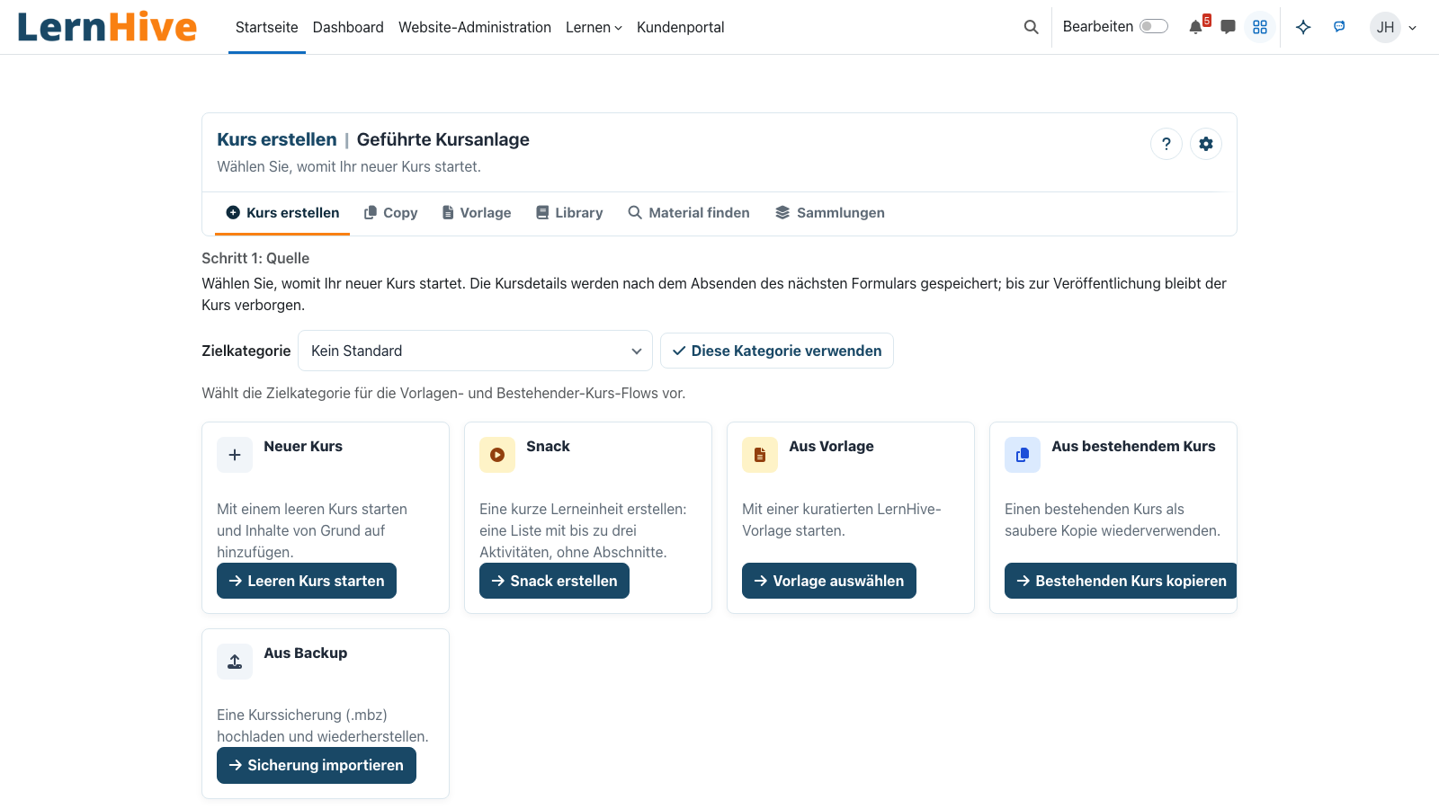 Geführte Kursanlage: Quelle wählen – neuer Kurs, Snack, Vorlage, bestehender Kurs oder Backup.