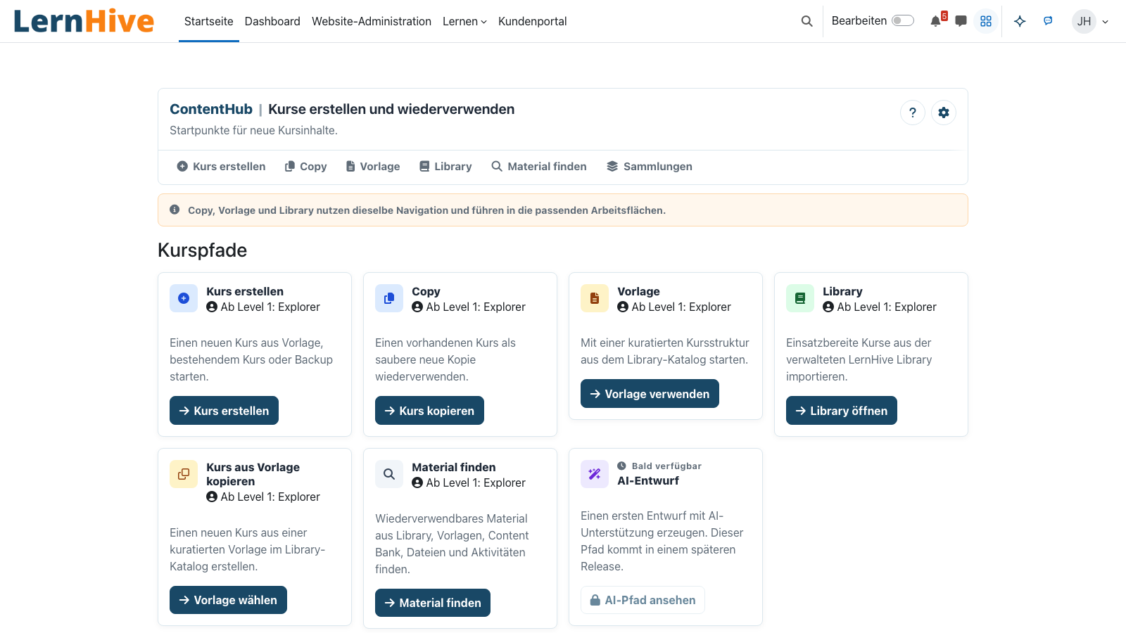 ContentHub: alle Wege zu neuen Kursen – neu, Kopie, Vorlage, Library und Material.