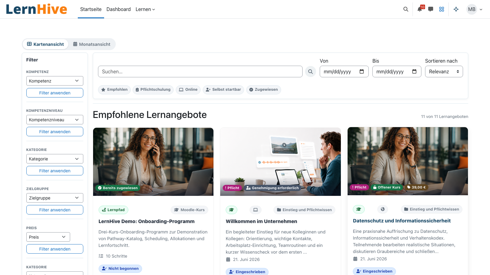 Lernkatalog mit Filtern