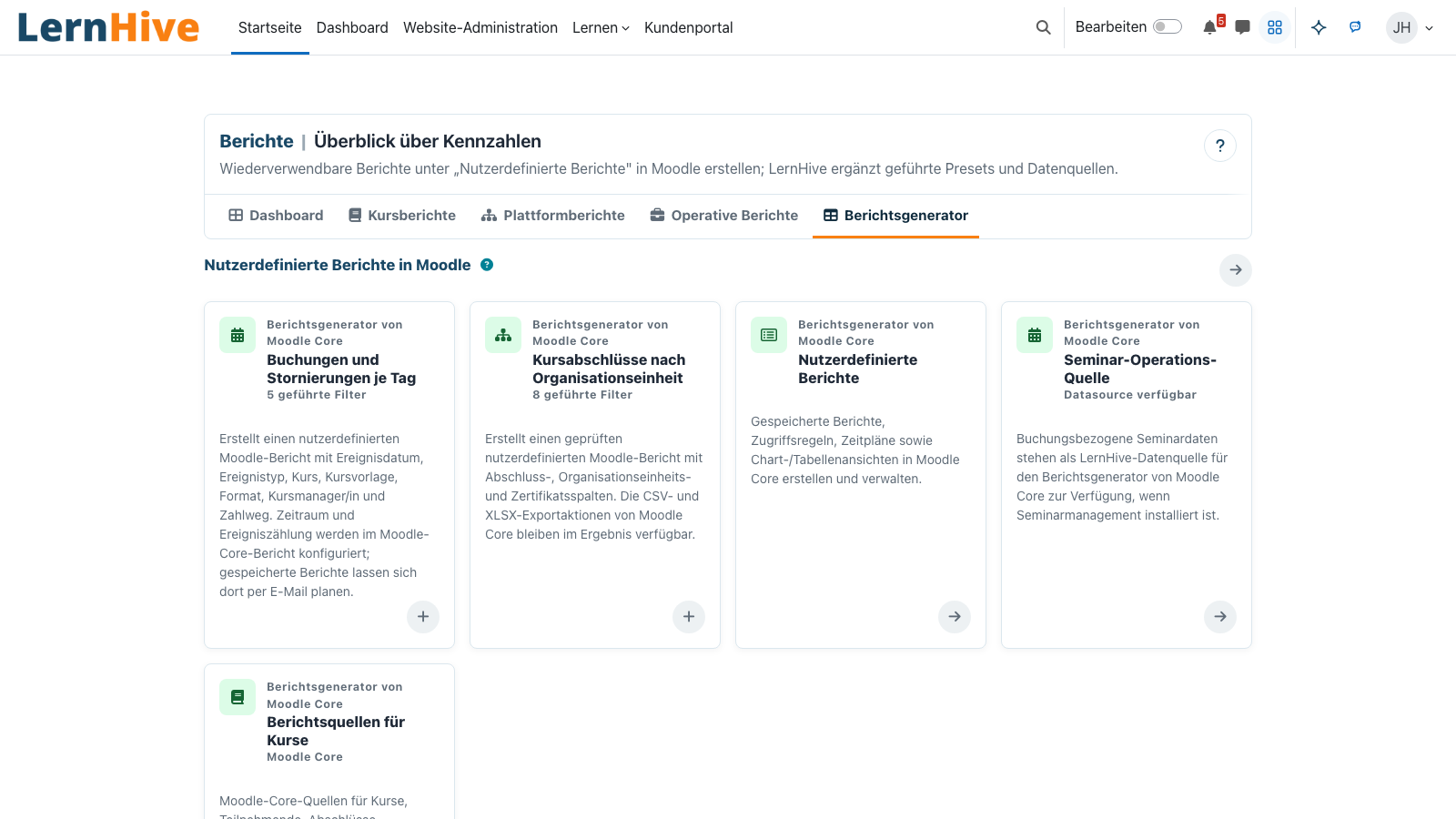 Report-Generator mit Preset-Karten für Moodle Custom reports.