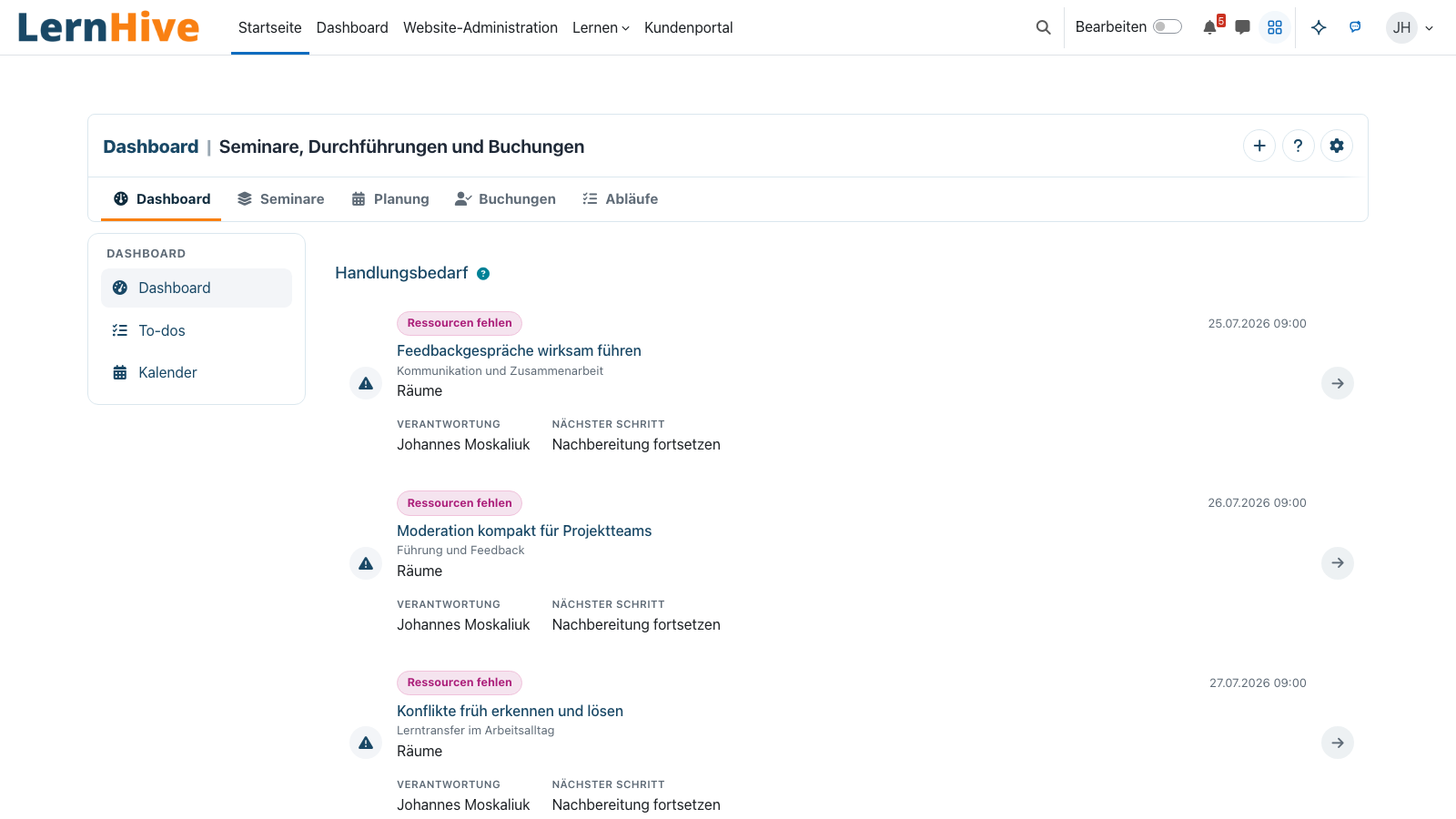 Seminar-Dashboard mit Handlungsbedarf, Verantwortung und nächstem Schritt.